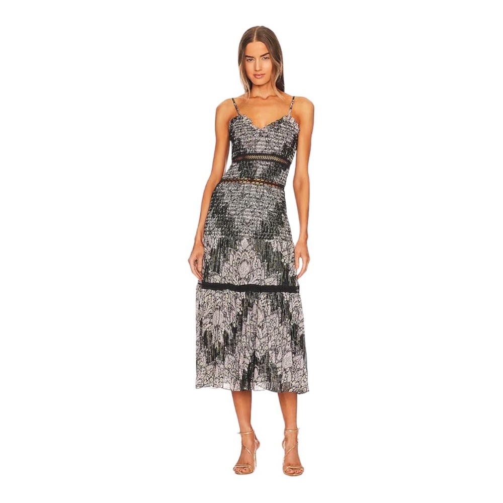 Hemant & Nandita Midi Dress Smocked Bodice Crochet Panels in Black Small